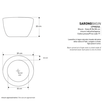 Cipì Sarong Waschbecken CP950 / SA Waschbecken aus mit Wachs behandeltem Teakholz