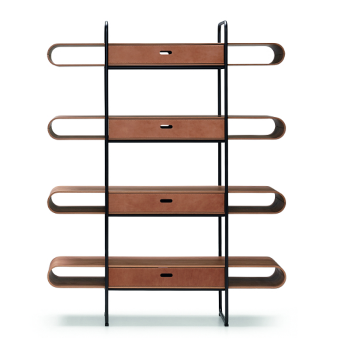 Libreria Apelle in metallo e legno con cassetto rivestito in cuoio di Midj