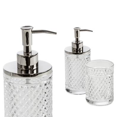 Bourbon-Accessoires für Badezimmerarbeitsplatten aus bearbeitetem Glas und verchromtem Metall