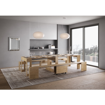 Evolve-Konsole mit unterer und oberer Bank - Ausziehbare Konsole 90x42/302 cm Evolve Innenerweiterungen aus Esche weiß mit unterer und oberer Bank