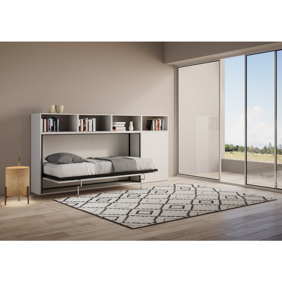 Mod.KANDO single white ash with furniture - Horizontal single foldaway bed Kando composition A White Ash
