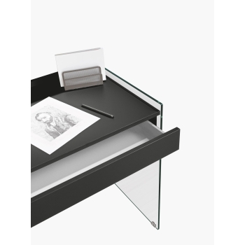 Mydesk desk by Pezzani with tempered clear glass structure and laminate top