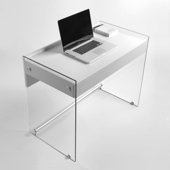 Mydesk desk by Pezzani with tempered clear glass structure and laminate top