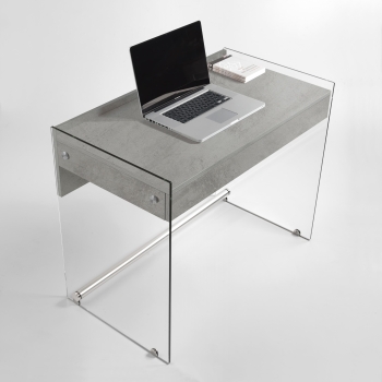 Mydesk desk by Pezzani with tempered clear glass structure and laminate top