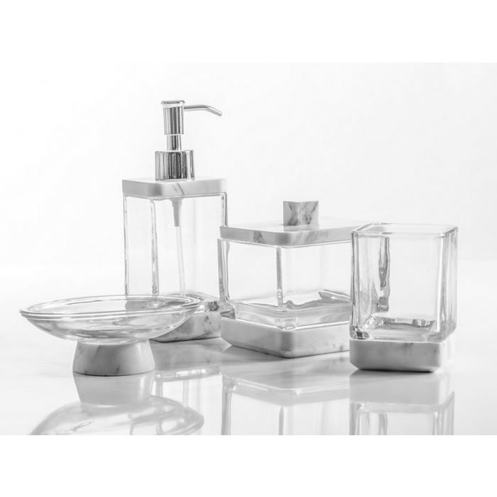 Cipì Purity bathroom set in worked glass and calacatta marble