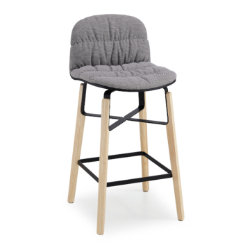 Liù stool in metal, wood, covered in fabric, leather, leather with horizontal stitching or wrinkles