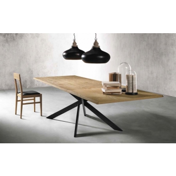 Dave modern table with wooden top and metal structure with crossed tubes with rectangular section