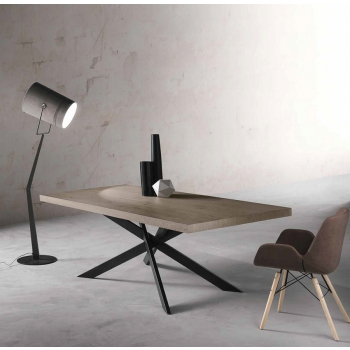 Dave modern table with wooden top and metal structure with crossed tubes with rectangular section