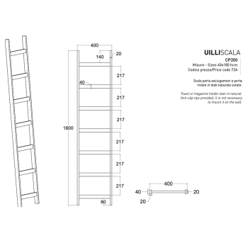 Uilli Stair CP350 ladder towel rack and magazine rack by Cipì in Teack