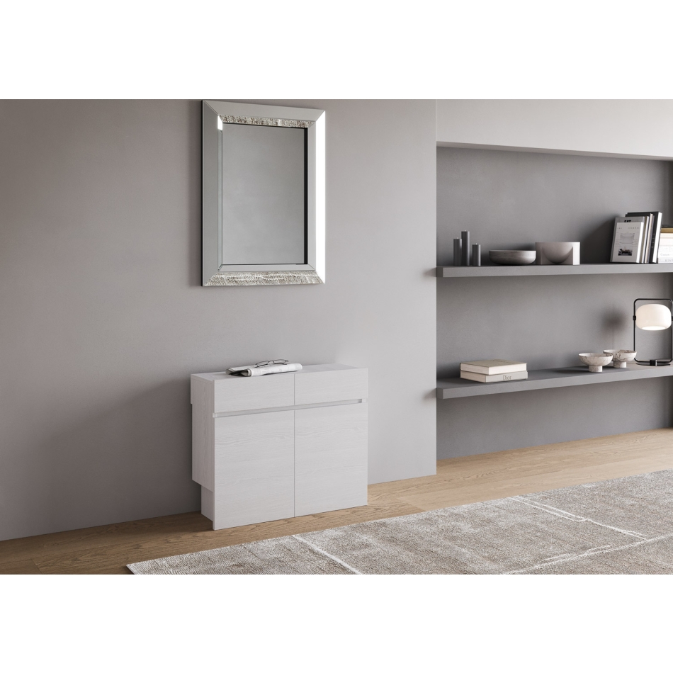 Console Evolve avec banquette inférieure et supérieure - Console extensible 90x42/302 cm Evolve en frêne blanc avec rallonges intérieures avec banquette inférieure et supérieure