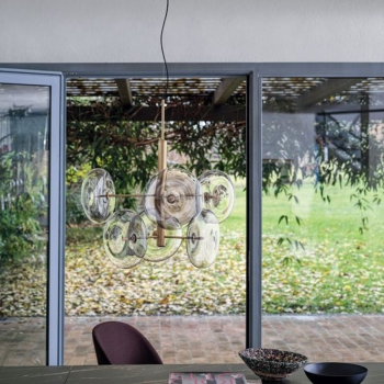 Lampe Spark Bontempi avec suspensions et rosace en laiton et verre borosilicate