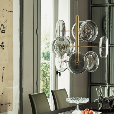 Lampe Spark Bontempi avec suspensions et rosace en laiton et verre borosilicate