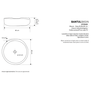 Évier Cipì Bantul Basin CP950 / B en teck fabriqué à la main