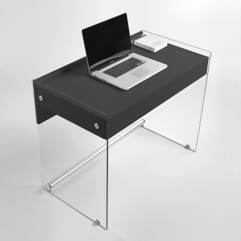 Bureau Mydesk de Pezzani avec structure en verre trempé transparent et plateau stratifié