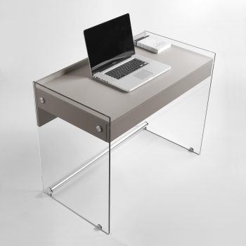 Bureau Mydesk de Pezzani avec structure en verre trempé transparent et plateau stratifié