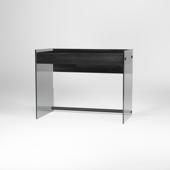 Bureau Mydesk de Pezzani avec structure en verre trempé transparent et plateau stratifié