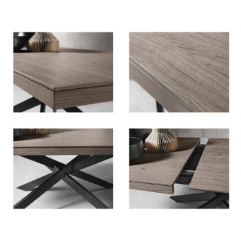 Dave table moderne avec plateau en bois et structure en métal avec tubes croisés à section rectangulaire